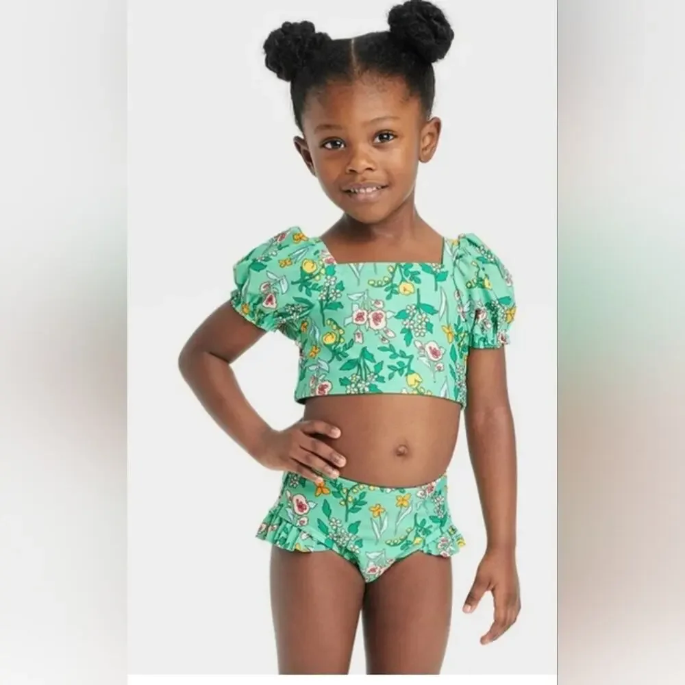 Cat & Jack Mint Green Floral Ruffled Swimming Suit Sz. 2T #2029